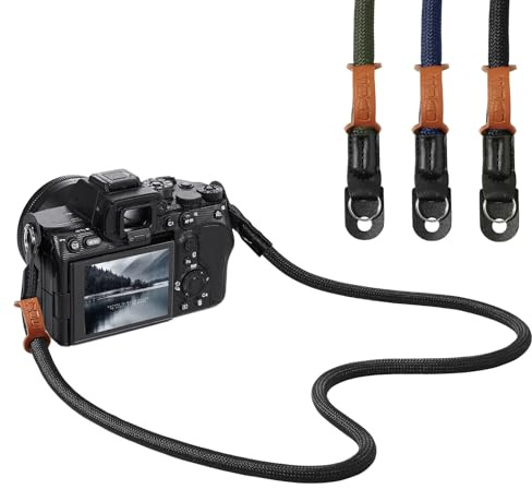 MoKo Correa para Cámara, Correas de Cuello y Hombro de 100 cm para Fotógrafos, Cuerda de Escalada de Nailon Ligera con Anilla Metálica para Cámaras Réflex Digitales Canon Sony Nikon Fuji DSLR, Negro