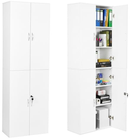 Songvas Mehrzweckschrank Weiß, 4-türiger Aktenschrank mit 1 separaten Schlössern, Verstellbare Böden, Hoher Stauraumschrank für Home Office, Garage, Wohnzimmer, 180x30x58cm