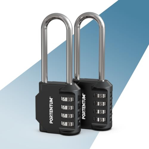 PORTENTUM Candado combinacion arco largo 4 dígitos – Pack de 2 – Candado exterior negro con cuerpo de aleación de zinc y arco de acero – Candado taquilla gimnasio para taquillas y trasteros