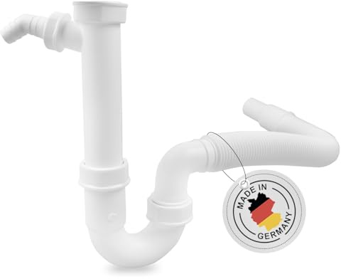 AQUADE Flexibler Siphon Waschbecken 1 1/2 Zoll x 40/50 mm Raumsparsiphon | Waschtisch Röhrensiphon Geruchsverschluss, Kunststoff, mit Flex Ablaufschlauch und 1x Geräteanschluss, für Küchenspüle