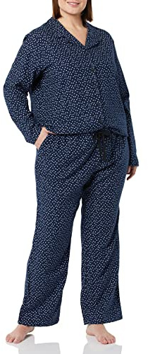 Amazon Essentials Conjunto de pijama de franela de manga larga con botones frontales y pantalón para mujer, estampado de lunares azul marino, talla M