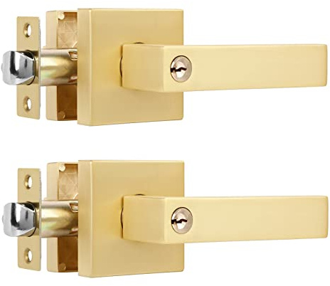 Heittis Gold-Türgriffe innen mit Schlüsseln (gleichschließend), Außentürgriffe, Messing-Türknäufe, goldfarbene Türknäufe innen und verriegelt innen mit Knopf, Links- oder Rechtshänder, 2 Stück
