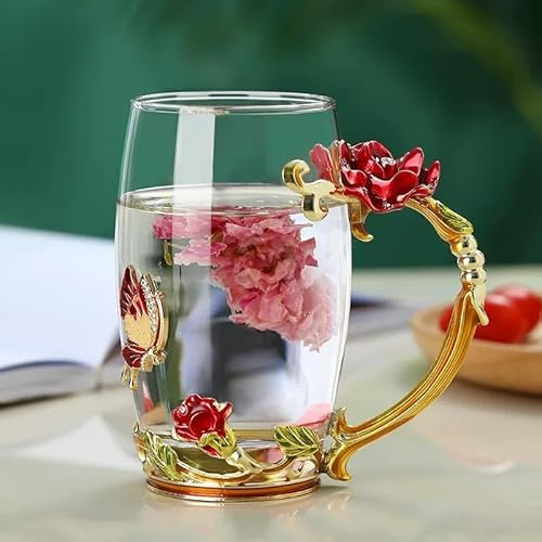 little dove Teetasse aus Glas, Rose Glasklare Neuheit Glas Teetasse Kaffeetassen Reisebecher mit aufwändigem Blumengriff und schönem Löffel,Gut Geschenk (Rot)