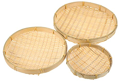 Happyyyami - Juego de 3 moldes redondos de tejido hecho a mano para guardar frutas, verduras, para lavar colador, cuenco, cocina, colador, pala china tradicional