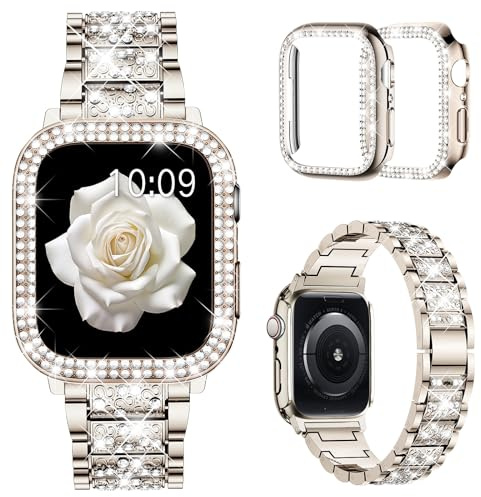 Mosonio Compatible with Apple Watch Band 38mm 40mm 41mm 42mm 44mm 45mm 49mm with 2 Women Cases, Replacement Metal Band with PC Protective Case for