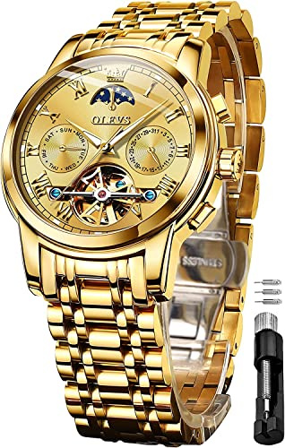 OLEVS Relojes automáticos mecánicos de acero inoxidable fase lunar impermeable fecha luminoso Tourbillon reloj de pulsera para hombre, dorado