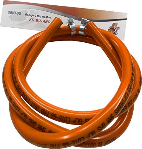 Sanfor Kit Tubo Gomma per Gas butano e propano, Omologato con 2 Morsetti con linguetta Tubo Tubo Gas butano da 150 cm, Arancione