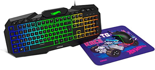 KROM Kit tastiera, mouse e tappetino per mouse Hot Wheels KUSTOM - Tastiera membrana RGB, mouse ottico 7200 DPI, tappetino in tessuto morbido e resistente, layout italiano, nero