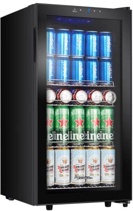 Kalamera nevera para bebidas, nevera para cerveza con panel de control táctil, zona de enfriamiento 3-18°C, nevera para botellas 86 litros, iluminación interior LED azul, 41 dB, KRC-86GE