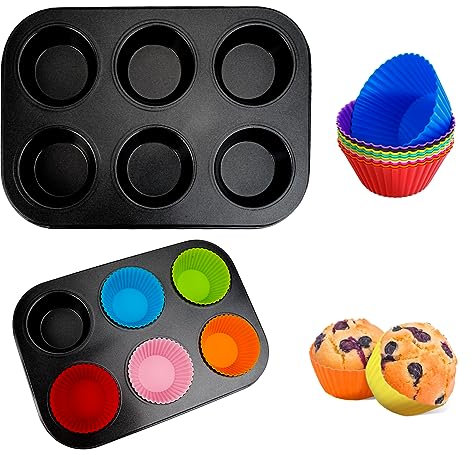 Teglia Muffin, 2 Stampo Muffin Antiaderente per Muffin con 12 Pirottini per Muffin Silicone, Acciaio al Carbonio Teglia per Muffin Antiaderente, Stampi per Muffinper Cupcakes, Brownies, Budino
