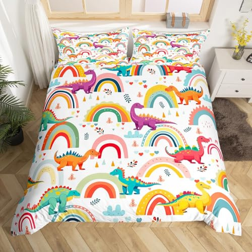 jejeloiu Dinosaur Bedding Set Twin Size Kids Rainbow Comforter Cover Set for Boys Girls Teens Cute Cartoon Rainbow Dino Duvet Cover Breathable Floral Botanical Bedspread Cover Room Decor Quilt Cover
