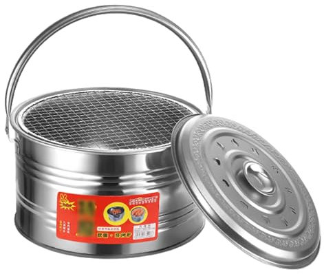 YUHANG Tragbare Feuerschale,Multifunktionaler Edelstahl-Grill,Holz/Holzkohle-Kompatibel,Mit Holzkohle-Clips,Aschekasten,Grillrost Und Deckel,Für Garten,Terrasse, Lagerfeuer,32×20cm