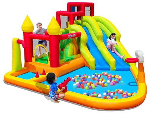 MIRUNAIR Inflatable Bounce House with Slides, Inflatable Water Slide for Kids Backyard, Bounce Water Prak with Air Blower, Splash Pool, Water Cannon, Climbing Wall, Outdoor Backyard Water Park