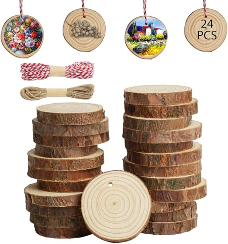 HOTUT Holzscheiben,24 Stück Holz Log Scheiben 6-7cm, Baumscheiben mit Loch, 2 Rollen Schnur,Runde Naturholz Holzscheibe für DIY Handwerk,Untersetzer,Weihnachten Dekoration