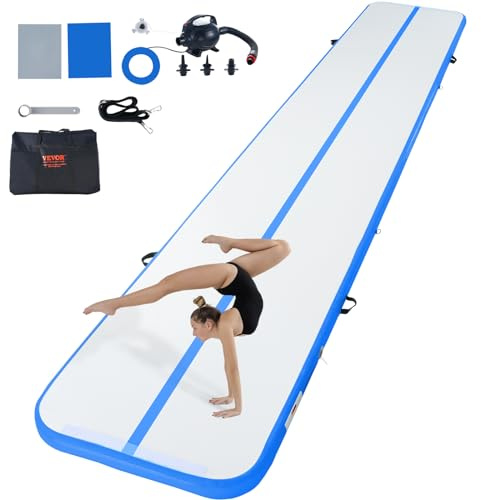 VEVOR Tapis de Gymnastique Gonflable 10 cm d'Épaisseur, Piste d’Acrobatie avec Pompe Électrique, Tapis d'Entraînement pour Usage Domestique/Salle de Sport/Yoga/Cheerleading/Plage/Parc/Eau, 6 m, Bleu