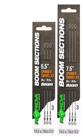 Korda Spinner Rig Booms mit XX Spinner Swivel – Fertiggebundene, Robuste Steifvorfächer für Spinner Rigs, 35lb Tragkraft, Fluorocarbon, 3 Stück