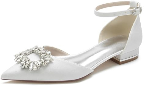 FGRID Chaussures plates de mariée à bout pointu pour femmes, escarpins de mariage à bout fermé avec strass brillants, sandales robe de bal à talons bas et bride à la cheville,Blanc,42