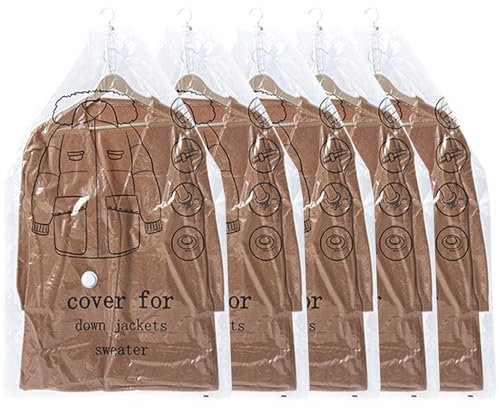 5 Stück Kleidersack Vakuum, Vakuumbeutel für Kleidung Staubsauger, Transparent Vakuumierbeutel zum Aufhängen Vakuum-Platzsparer für Anzüge, Kleider, Mäntel, Daunenjacken, 110 x 70cm