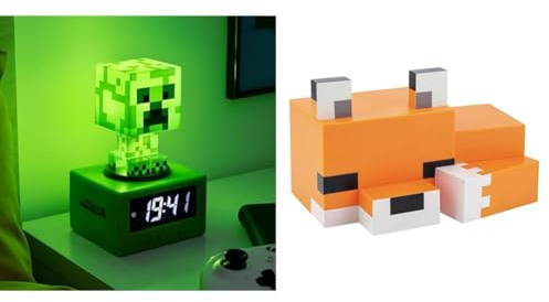 Paladone Minecraft Creeper Icon Wecker - Creeper Glow-Modus & Nachtlicht - Batteriebetrieben - Kinderwecker für Jungen & Minecraft Fuchs Leuchte, Mehrfarbig, Estándar
