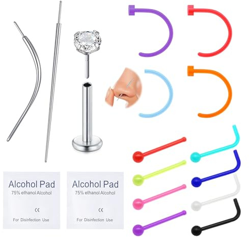 VFUN Chirurgenstahl Nasenpiercing Kit, 18G Push In Threadless Nasenpiercing Stecker Piercing Taper, Einführungswerkzeug Piercing Threader,Assistenzwerkzeug Körperpiercing