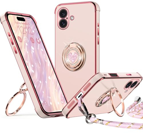 XYZ for iPhone 16 Plus Case with Stand, Pink | Phone Case with Lanyard for Women Girls, Heart Double Ring Holder, Bling Luxury Protective Phone Case