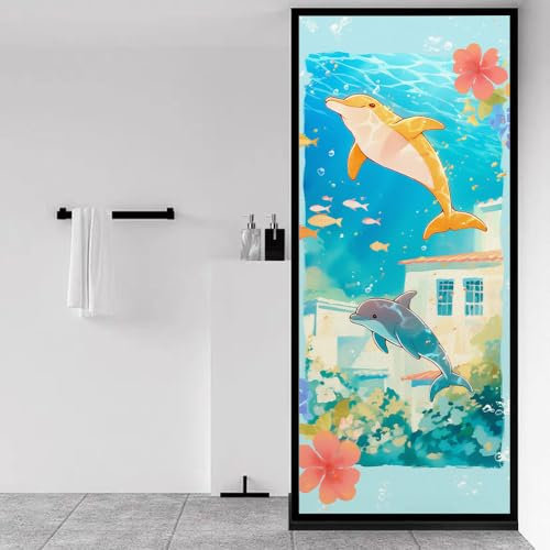 Milchglasfolie Delfin Gelb Blau Fensterfolie Schlafzimmer Fenster Sichtschutzfolie Milchglasfolie Selbstklebend Fenster Klebefolie Fenster Sichtschutz Folie für Fenster Fensterfolie Bad 50x100cm/3 Pcs