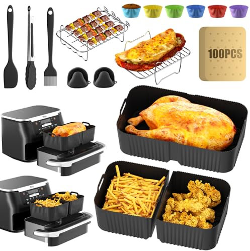 Heißluftfritteuse Zubehör - Airfryer Zubehör für Ninja Foodi AF500EU 10,4L Air Fryer Silikonmatte, 1 x 10,4L & 2 x 5,2L Airfryer Silikon Einsatz mit Weiteres Dual Ninja Airfryer Zubehör