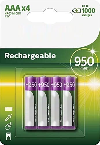 Confezione da 4 batterie ricaricabili AAA Philips R03B4A95/10 da 1,2 V. Ideale per dispositivi che richiedono alimentazione efficiente e durevole.