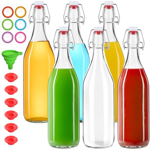 TOEKSIX 6-Pack 32oz Glass Bottles with Swing Top Stoppers - Airtight Rubber Seal Flip Caps for Home Brewing Kombucha, Beverages, Oil, Vinegar, Wine, Cider, Soda