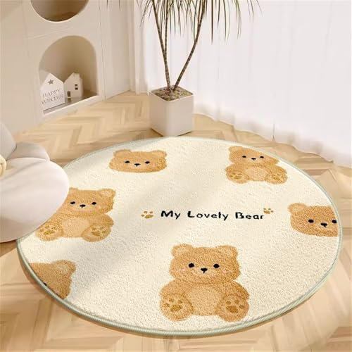 Teppich Wohnzimmer Rutschfester Kurzflor für Flur Schlafzimmer Esszimmer Teppiche Kunstwolle Waschbar Bettvorleger Büro Bereich Dekor Tier Hund Bär Spielteppich Babyteppich (Creme 3, 120x120cm)