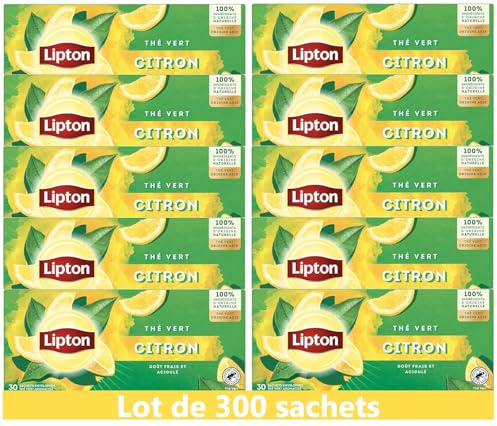 Lipton, Thé Vert, Thé Vert Origine Asie, Infusion à Froid ou Chaud, Goût Citron, Bien Etre, Ingrédients d'Origine 100% Naturelle, 300 sachets