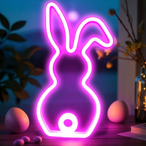 Lergas Osterhase Deko Neon Lampe, LED Hase Lampe mit USB-Stromversorgung, Osterdeko Hase Nachtlicht, Wohnzimmer, Schlafzimmer, Kinderzimmer Deko (Rosa)