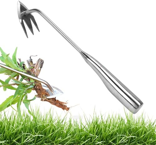 Garden Weed Pulling Tool, 3 Tooth Stainless Steel Weeding Tool with Welded Handle, Outdoor Weed Remover for Lawn Maintenance & Weed Removal (Stainless steel handle)