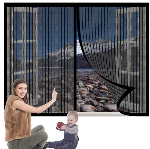 Mosquiteras para Ventanas Abatibles 151 x 157 cm sin Taladrar Marco Magnético para Mosquitera Imán Mantiene Insectos Afuera para Ventanas de Diferentes Tamaños, Negro