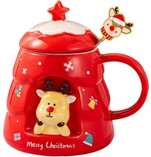 Huiyiwert Niedliche Weihnachtstasse Cartoon 3D weihnachtliche Kaffeetasse 450ml Porzellan Kaffeebecher mit Rührstab Weihnachten Neujahr Geschenk Mädchen Frau Männer Oma Kollegin (Rot)