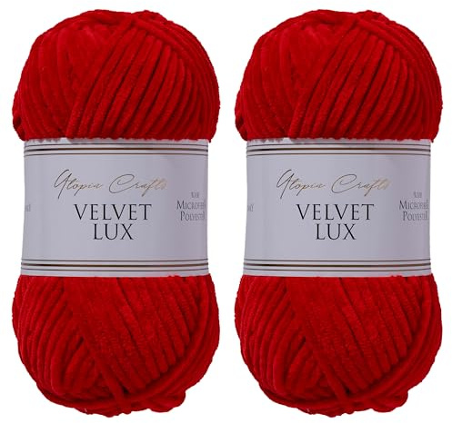 Utopia Crafts Velvet Lux Chenille supermjukt tjockt garn för stickning och virkning garn 2 x 100 g (röd)