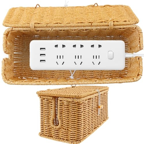 Cable Management Box with Lid and 2 Open Slots Handmade Imitation Rattan Cable Organiser Box Under Desk Cord Organizer for Tv Computer Router USB Hub & Power Strip, 33×13.5×13cm