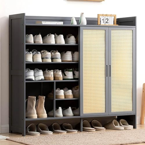 Zapatero de bambú con Puerta corredera - Zapatero Independiente de ratán para Entrada, Pasillo y Oficina - Elegante Organizador de Suelo (Gris, 117 x 32 x 106 cm)