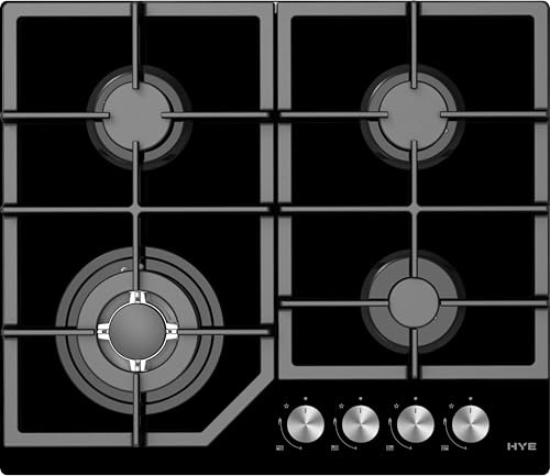 HYE 4 Burner Gas Hob – Built-In Black Glass Gas Hob with Triple Ring Wok Burner, Semi-Rapid & Auxiliary Burners, Easy Dial Control Kitchen Stove - C01GH60G28