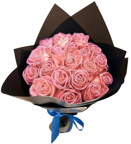 Ngbbby Glitzer-Rosenstrauß, 1 Set, realistisches künstliches Rosenstrauß-Set, bestehend aus 12 Blumen, 12 Stielen, 2 Geschenkpapier und 2 Bändern, romantische ewige Blumen für die Hochzeit