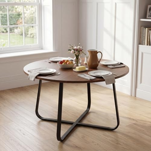 Turosur 47'' Round Dining Table with Walnut Wood Tabletop & Metal Legs