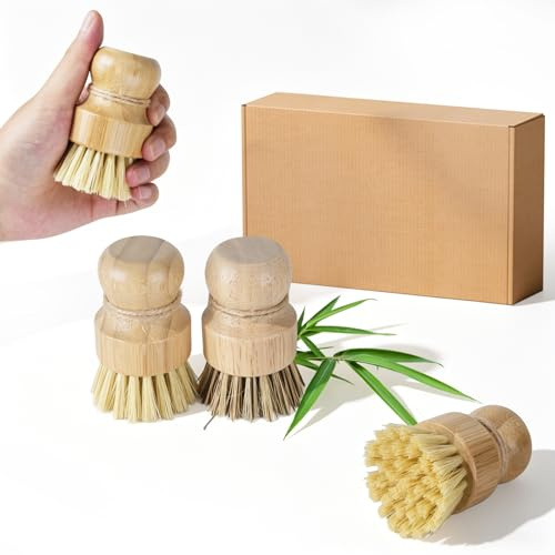 3 Pcs Bamboo Dish Brushes for Washing Up Brushes for Kitchen, Dish Washing Brushset with Sisal and Coconut Bristles, Wooden Scrubbing Brush, Kitchen Cleaning Brush Set for Pots Pans Sink Scrubbers