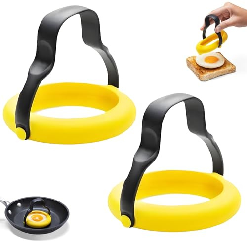 HSYTEK 2 moldes de silicona para huevos fritos, 10 cm, redondos, para la sartén, forma de tortita, forma de huevos fritos antiadherentes con asas plegables, anillo para tortitas y huevos, amarillo