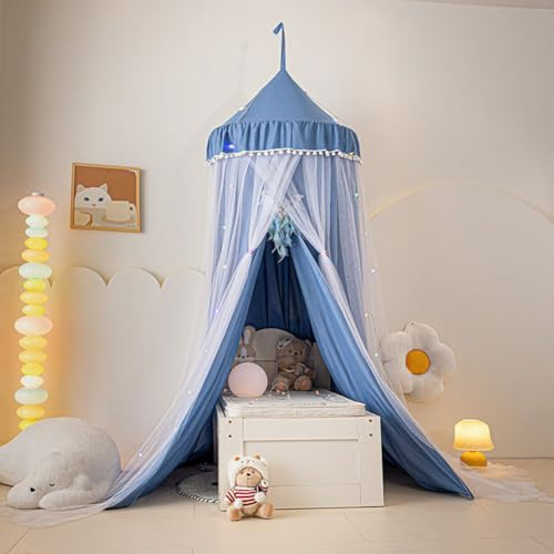 Lsimeru Rüschen Doppelschicht Betthimmel Babybett Verdunkelung Mädchen Jungen Prinzessin Runder Kuppel Himmelbett Kinderbett Vorhang Bettvorhang Kinder Baby (Blau)