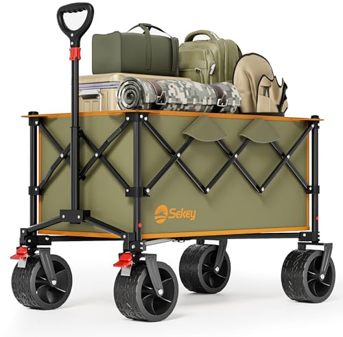 Sekey XXL 4031 All Terrain Bollerwagen Faltbar 135L 150KG mit Bremse | Leichter Faltbollerwagen mit Breite 17x8,5cm Räder Handwagen , Patentiert 4-Wege-Sofortaufbau Transportwagen, Grün&Orange