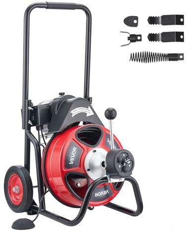 VEVOR Drain Cleaner Machine 50 FT x 1/2 Inch, Auto Feed Sewer Snake Auger on Wheels, Portable Drain Cleaning Machine with 4 Cutters & Air-activated Foot Switch for 2 to 6 Pipes