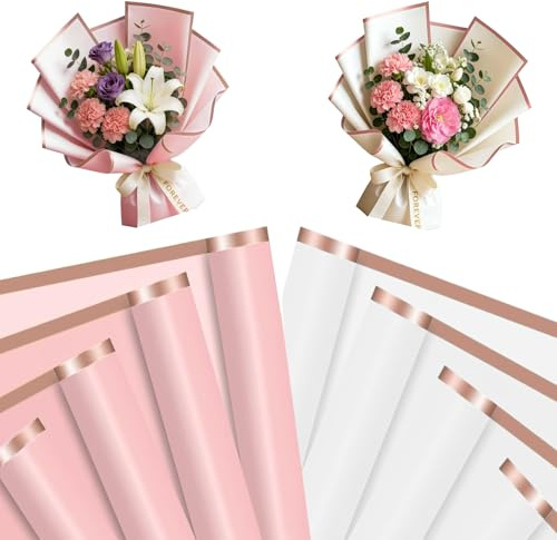 40 Blatt Blumen Geschenkpapier Enthält 20 Rosa Blumenstrauß Papier und 20 Weiß Blumenpapier mit Goldrand, 57x57cm Flower Wrapping Paper für Geschenkverpackung BlumenKunst Handwerk