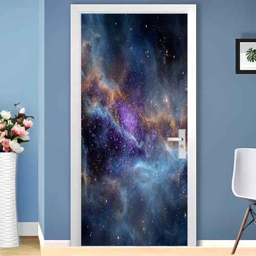Vattentät dörrposter/dörrfolie 80 x 210 cm, stjärnhimmel med skimrande dimma, självhäftande dörrklistermärke, blå dörrdekoration och dörrtapet för sovrum, vardagsrum och badrum