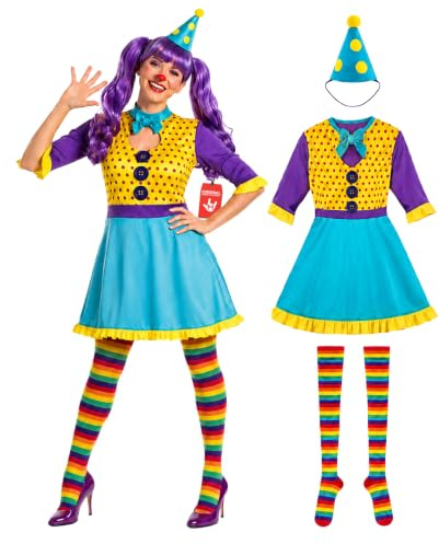Fun Shack Disfraz Payaso Mujer, Disfraz Circo Halloween Mujer | Vestido, Medias a Rayas, Lazo Rojo & Gorro Puntiagudo, Estilo Circo, Perfecto para Halloween, Ideal para Disfrazarse