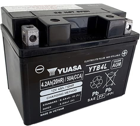 Batterie YUASA YTB4L / YB4L-B (WC) AGM geschlossen, 12V|4Ah|CCA:50A (121x71x93mm) für Peugeot TKR 50 Baujahr 2004 | Vergleichstypen YB4L-B, GM4-3B, FB4L-B, EB 4L-B; 50 A Kaltstartstrom, Maße 121 × 71 × 93 mm, wartungsfrei, auslaufsicher